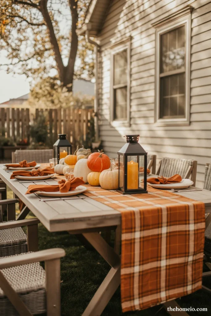 patio table styled for fall with small pumpkins black lanterns warm plaid runner and rust linen napkins