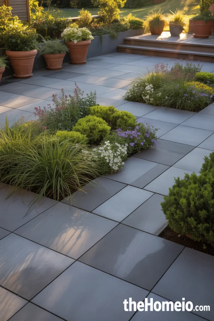 Lush American backyard patio with gray concrete pavers and raised planting beds filled with ornamental grasses and flowering perennials