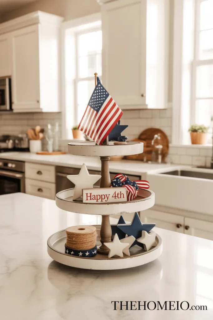 home kitchen counter with styled three-tier patriotic tray display holding miniature flag star candle ceramic star ribbon and Happy 4th sign