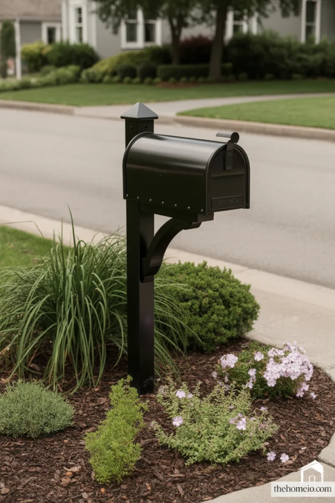 Upgraded front yard mailbox post with small planted bed of ornamental grasses and seasonal flowers
