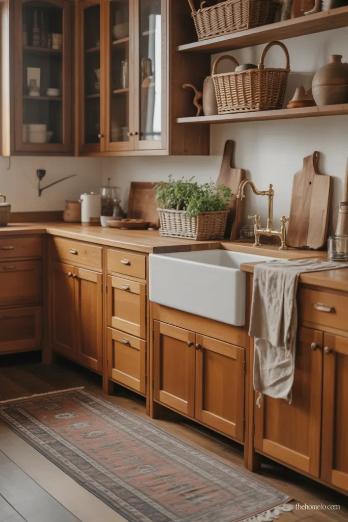 Cozy rustic kitchen with woven baskets, runner rug, pottery, and warm farmhouse decor