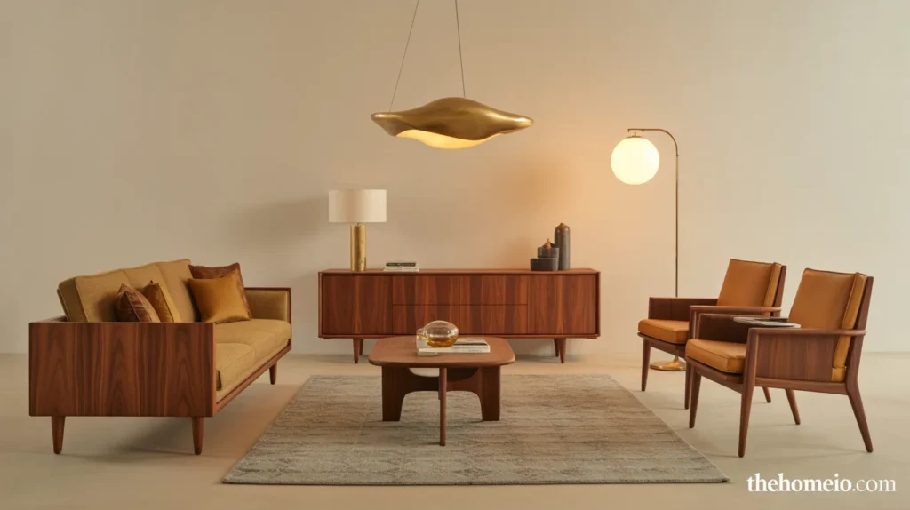 Mid century modern living room with sculptural pendant lighting and a globe floor lamp