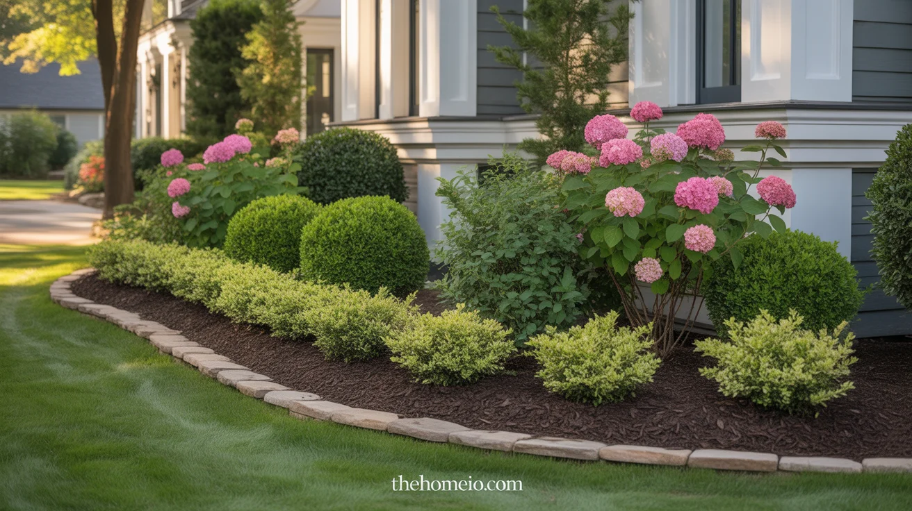 Beautiful bushes for front of house including hydrangeas evergreens and spirea along foundation bed