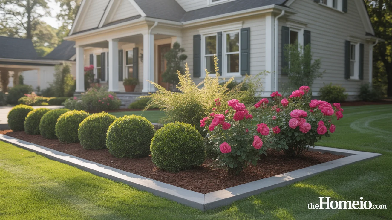Front of house shrubs in full sun including roses boxwood and spirea along foundation bed