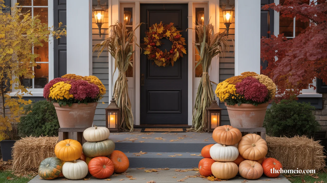 Stunning fall front porch ideas decor with pumpkins mums lanterns and corn stalks on American home