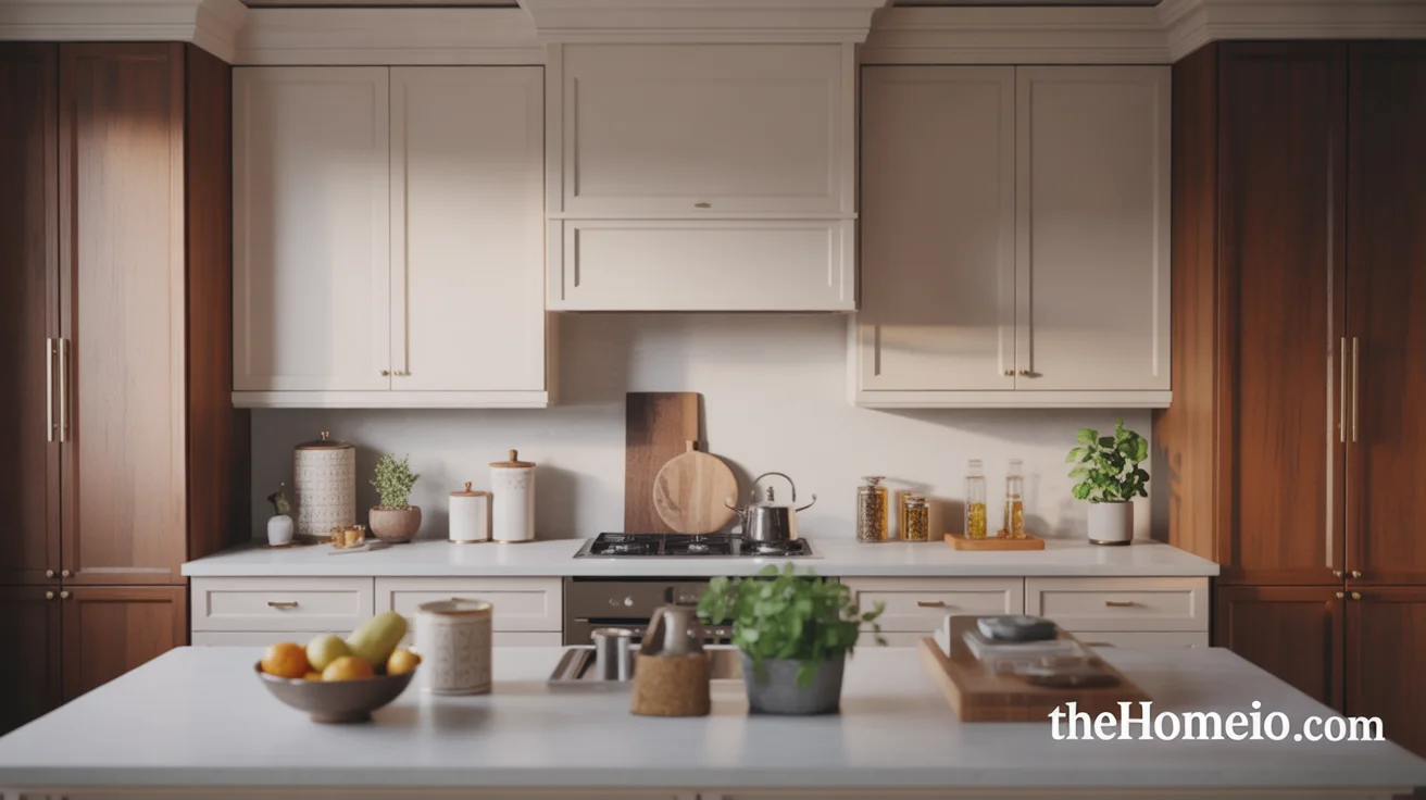 White kitchen with warm white cabinets, brass hardware, white quartz counters, and oak accents