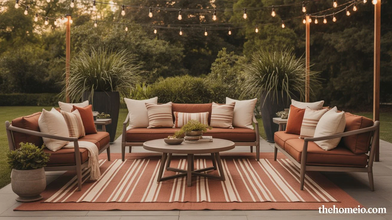 Beautiful backyard patio with large terracotta stripe outdoor rug gray sectional sofa teak coffee table and string lights showing Outdoor Patio Rug Ideas