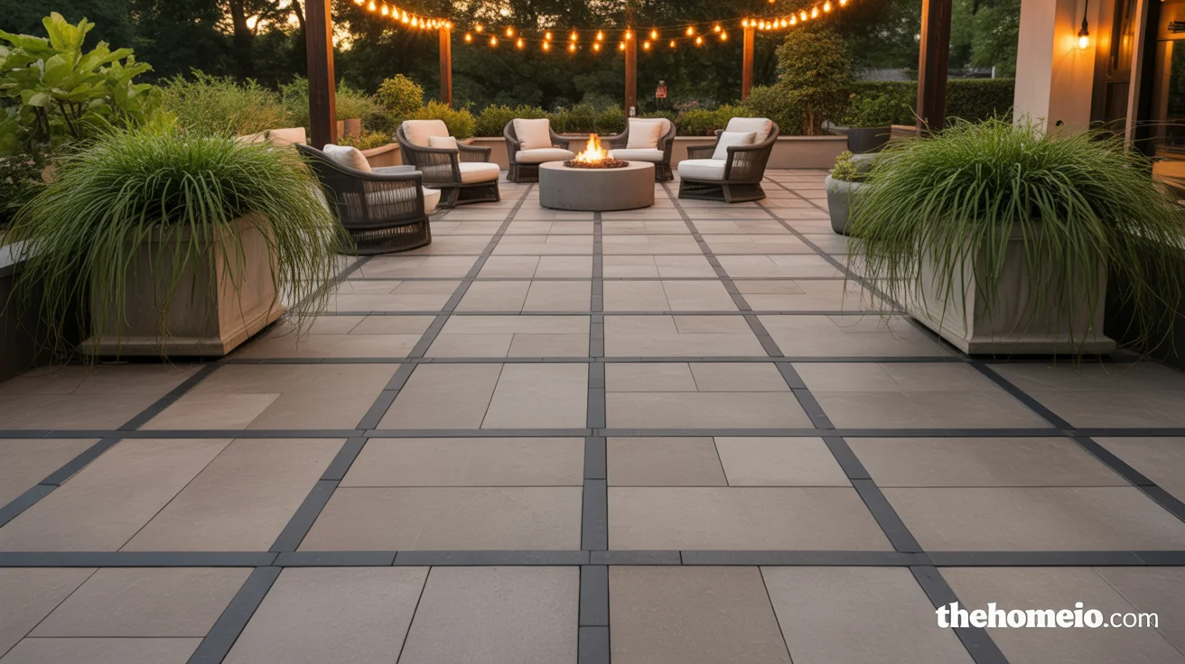 Beautifully designed backyard Patio Paver Ideas with large format concrete pavers fire pit outdoor chairs string lights and ornamental grass planters