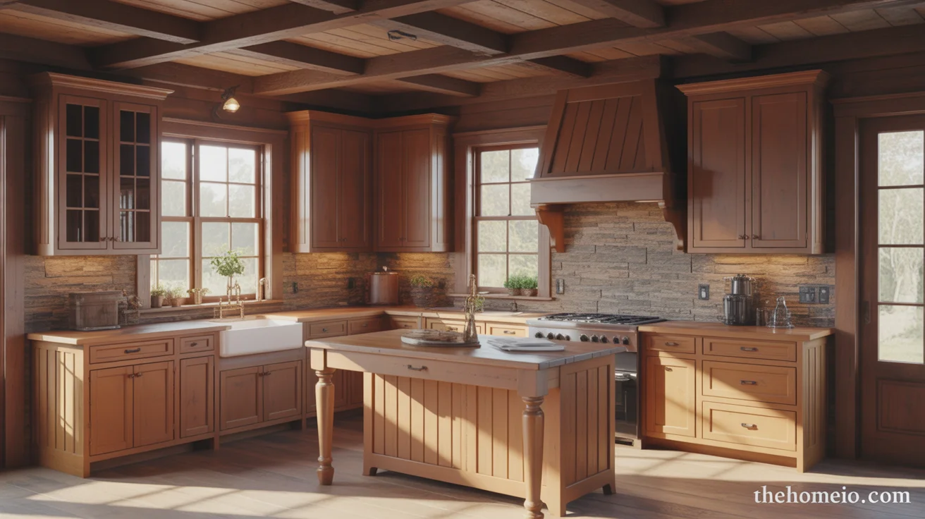 Rustic farmhouse kitchen with wood cabinets, exposed beams, stone backsplash, and farmhouse sink