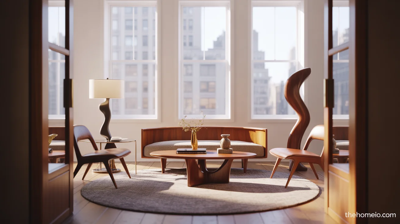 Small mid-century modern living room in a NYC apartment with walnut furniture and a compact layout