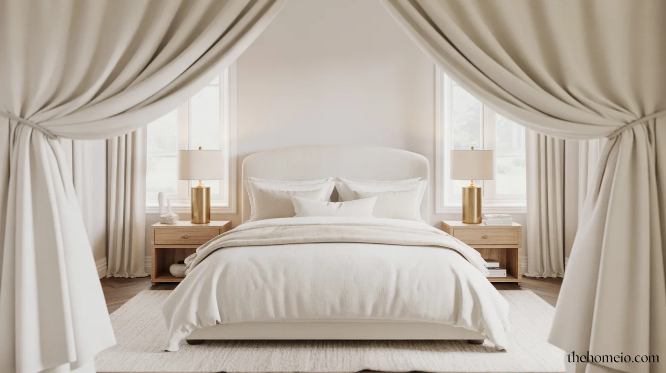 White bedroom ideas with layered bedding, linen curtains, natural wood nightstands, and warm brass accents