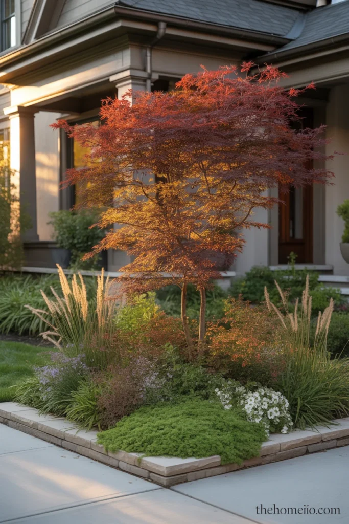 Street corner front yard planting bed with Japanese Maple ornamental grasses and flowering perennials