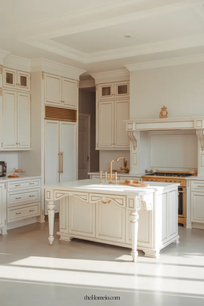 White kitchen with a furniture-style island and elegant cabinet detailing