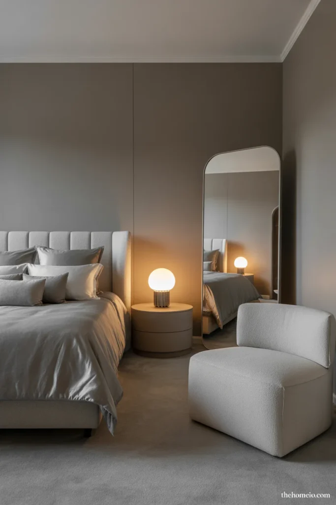 Grey bedroom with simple edited decor and a calm uncluttered layout