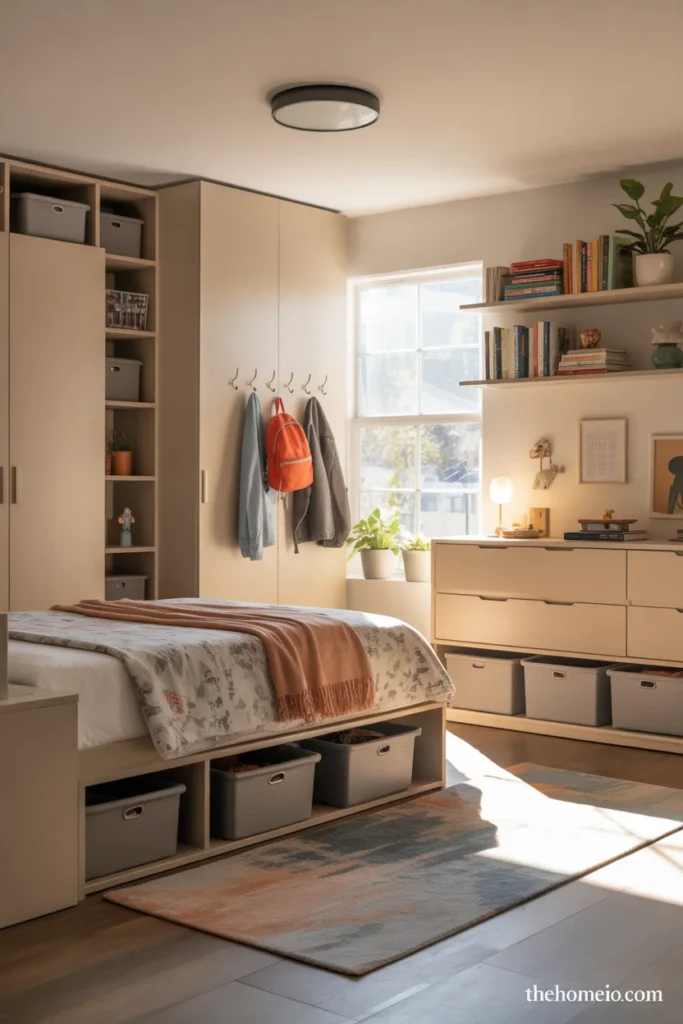Cozy teen bedroom at evening with layered lighting including bedside lamp string lights floor lamp and desk lamp