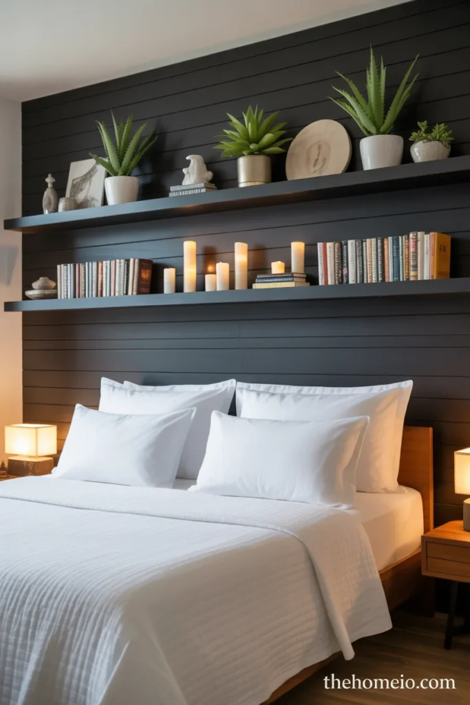 Black shiplap accent wall with floating shelves styled with plants ceramics books and candles in modern bedroom
