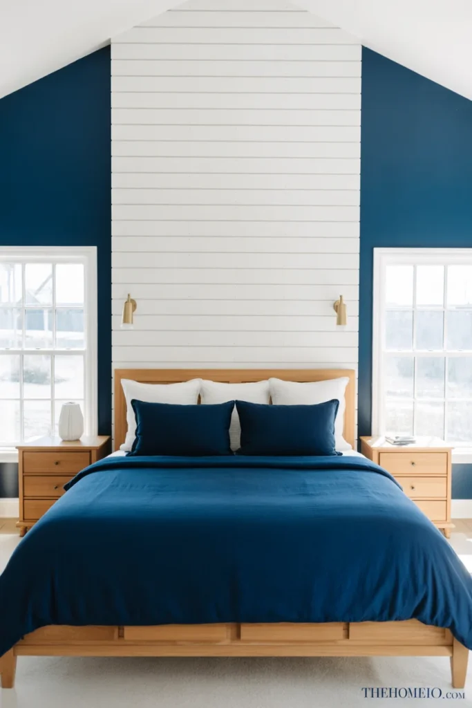 Modern bedroom with deep blue walls white shiplap accent wall navy bedding wood furniture and brass fixtures