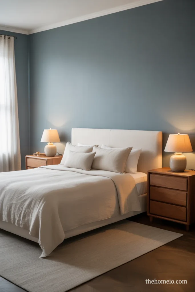 Serene bedroom with soft slate blue-gray walls cream linen bedding upholstered bed wood nightstands and ceramic lamps