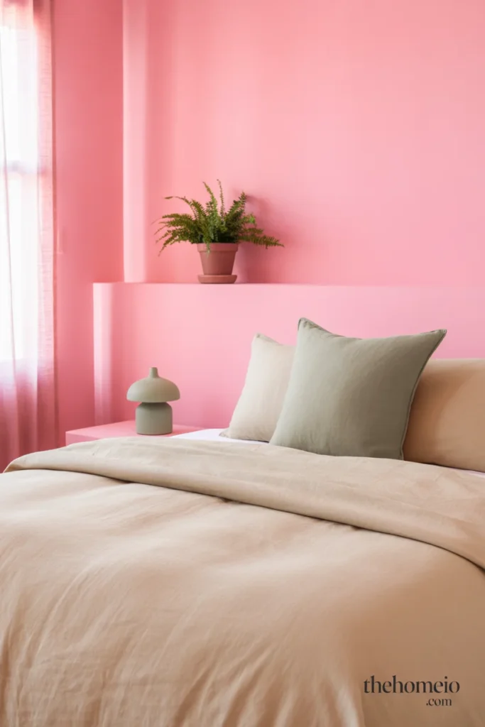 Fresh natural bedroom with blush pink walls sage green throw pillow plant ceramic lamp and cream linen bedding