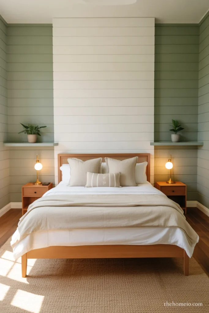 farmhouse bedroom with sage green walls white shiplap accent wall wood bed frame cream linen bedding and brass lamps