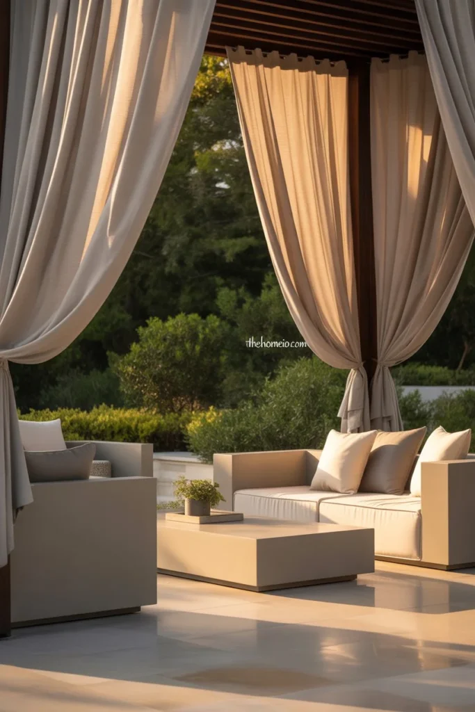 Patio with soft beige or gray curtains, minimal modern outdoor furniture, neutral tones, clean lines, natural light, cozy yet minimal American backyard, elegant Pinterest-ready style