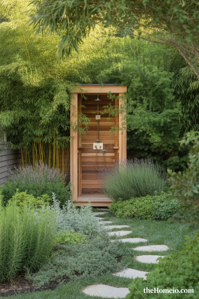 American backyard outdoor shower surrounded by bamboo ornamental grasses lavender and rosemary with natural stone pathway leading to entrance