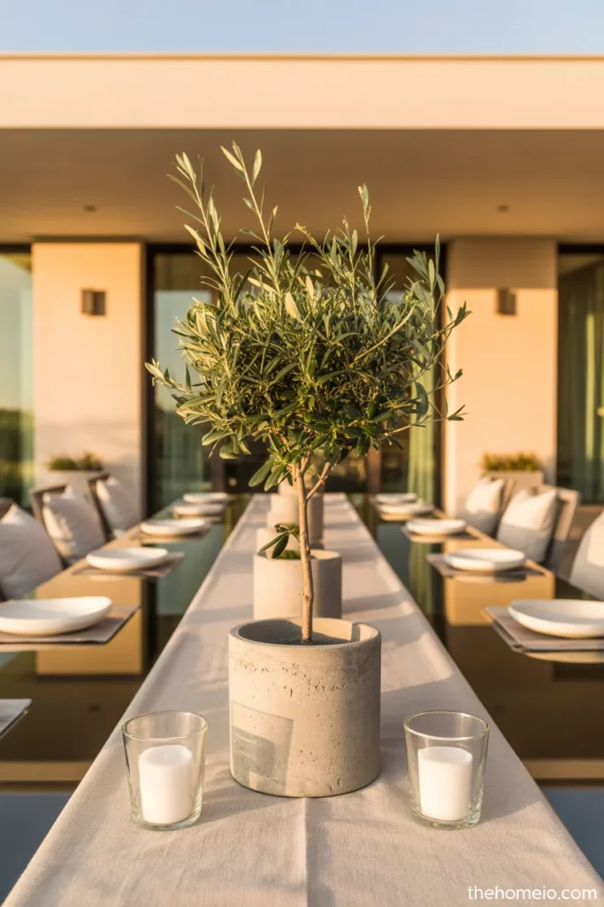 patio dining table with small dwarf olive tree in concrete pot as centerpiece on linen runner with white votive candles
