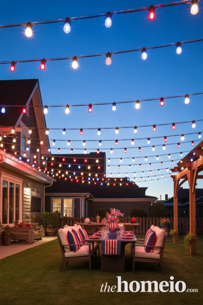 at dusk with red white and blue string lights in full canopy between house and pergola glowing against deep blue evening sky