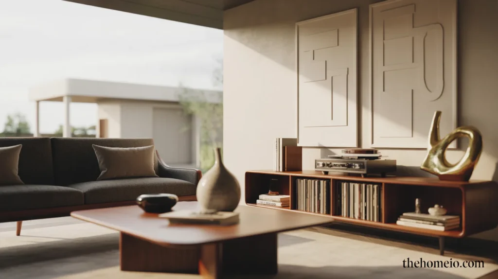 Timeless mid century modern living room with record console, abstract art, and edited decor