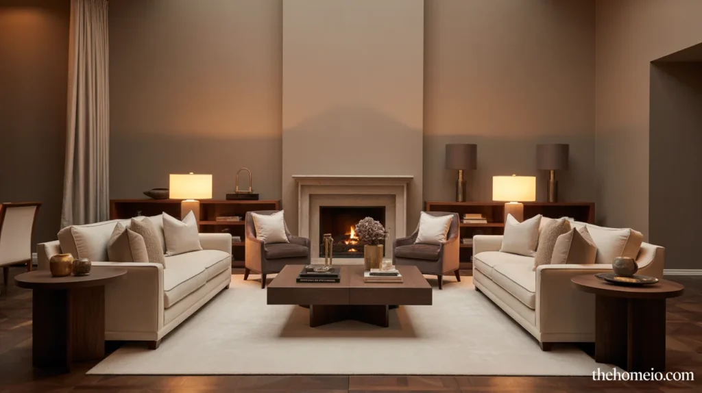 Cohesive moody neutral living room in taupe, beige, ivory, and dark wood tones