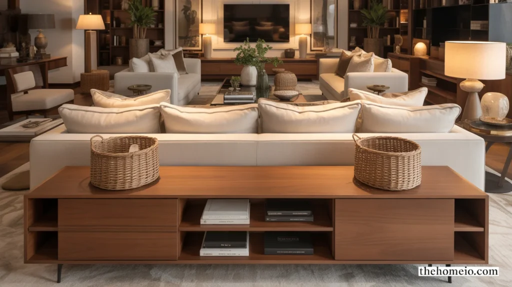 Cozy living room with woven baskets, storage console, and clean warm styling