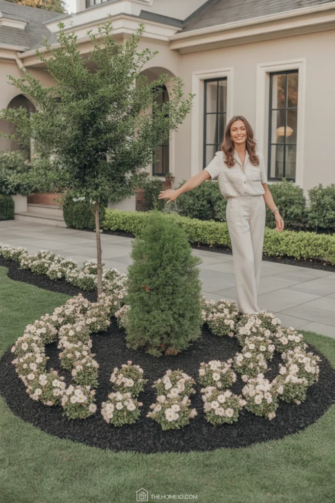 Simple front yard flower bed with repeated flowers, one evergreen anchor, and clean mulch