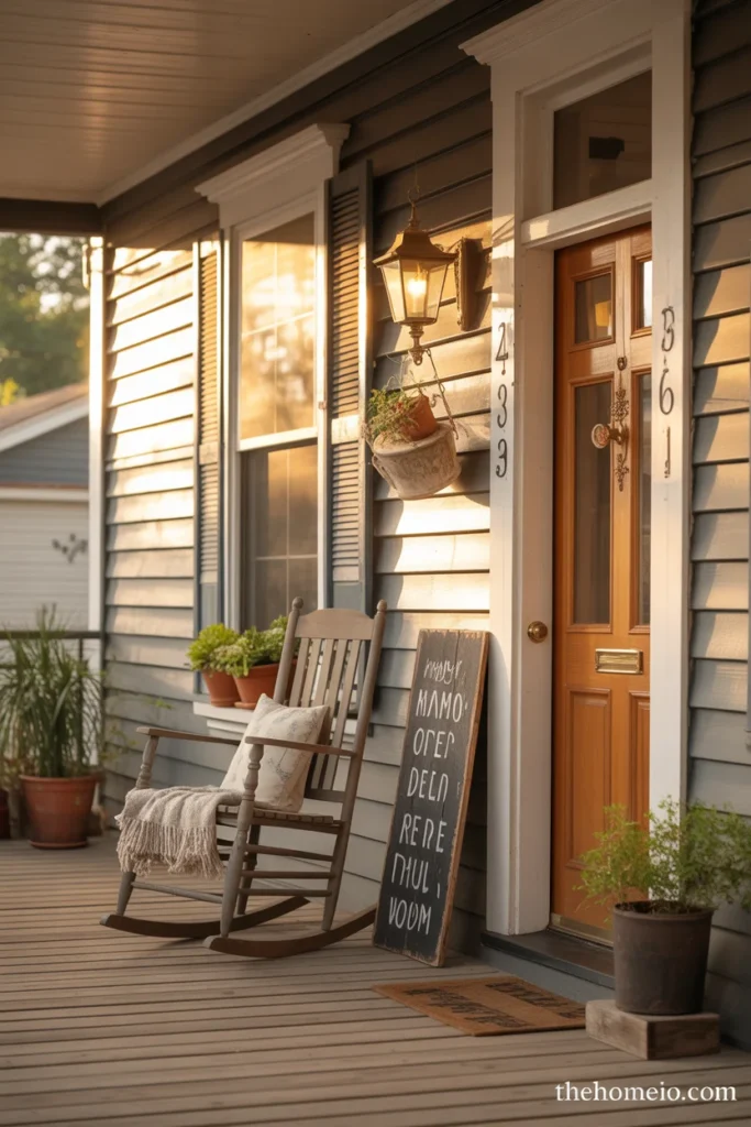 Warm personal American home front porch with hand painted house number vintage lantern rocking chair and meaningful wooden sign
