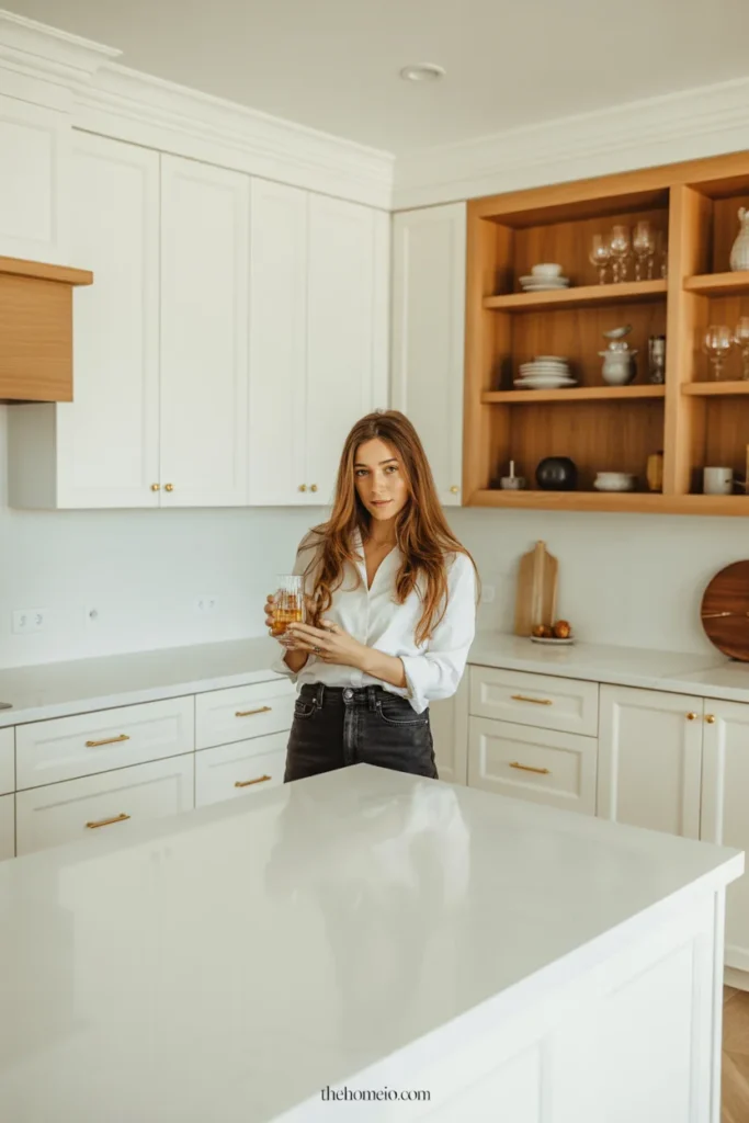White shaker kitchen cabinets with oak open shelving and gold hardware