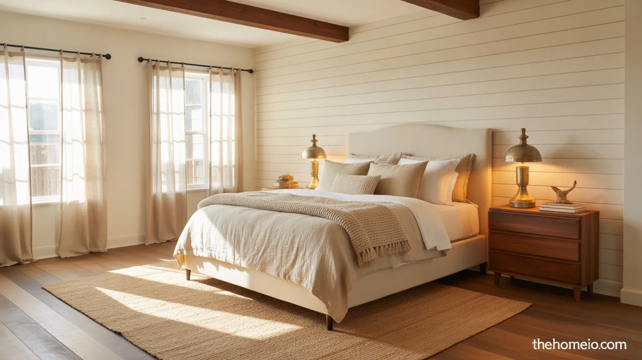 Modern farmhouse bedroom ideas with white shiplap wall linen headboard cream bedding wood beams jute rug and brass lamps