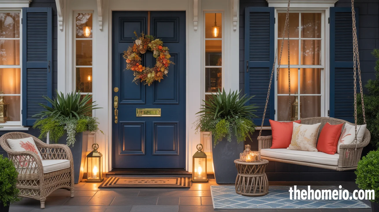 Beautifully decorated home front porch ideas with navy door brass hardware porch swing seating area container plants and warm lanterns
