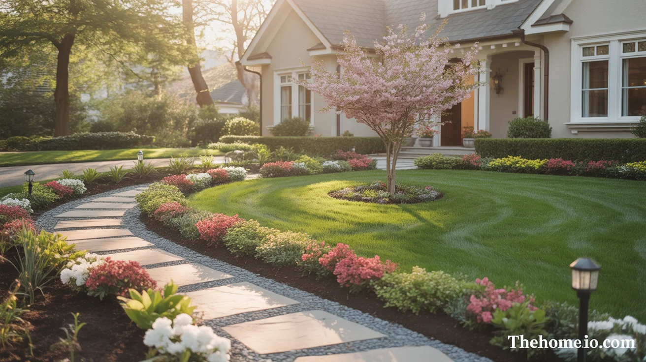 Beautiful front yard landscape with stone walkway flowering tree foundation beds and solar path lights adding home value