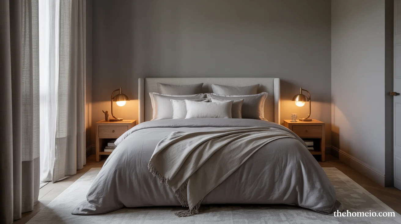 Grey bedroom ideas with warm grey walls, layered bedding, wood nightstands, and brass lighting