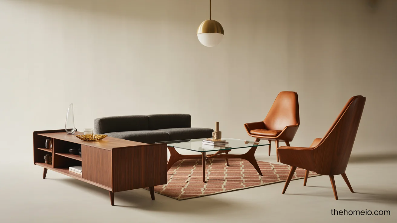 modern mid century living room ideas with walnut furniture, low-profile sofa, and geometric rug