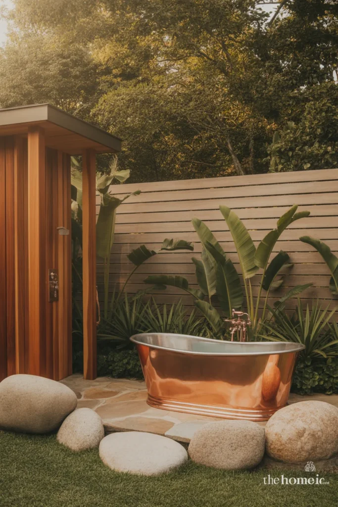 Luxury rustic American backyard with freestanding copper soaking tub on stone platform beside cedar outdoor shower enclosure and tropical plants