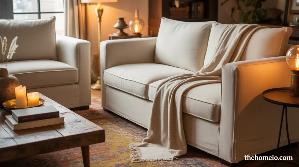 Warm inviting living room with a lived-in cozy feel and soft layered decor