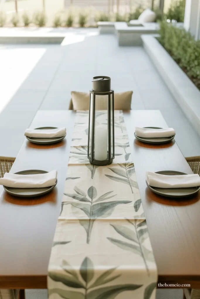 Simple minimal patio table with single black lantern centerpiece botanical table runner and cream linen napkins showing power of restraint
