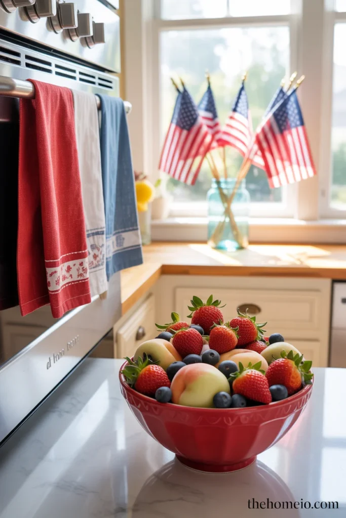 home kitchen with red white blue linen dish towels patriotic mason jar flag arrangement and bowl of strawberries blueberries and peaches