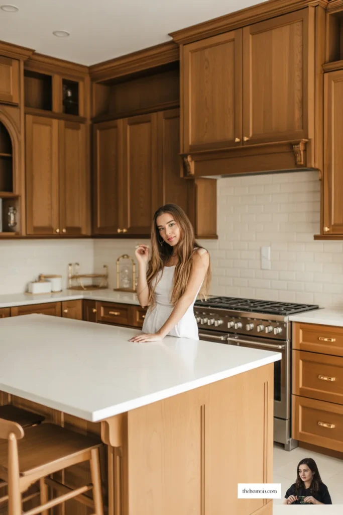 Kitchen with oak cabinetry, white countertops, and gold hardware in a balanced modern layout