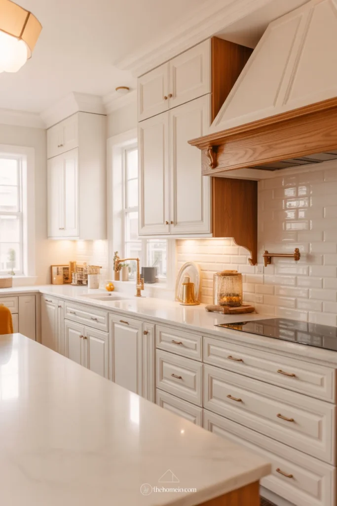 White kitchen with warm oak, brass, texture, and a collected modern finish