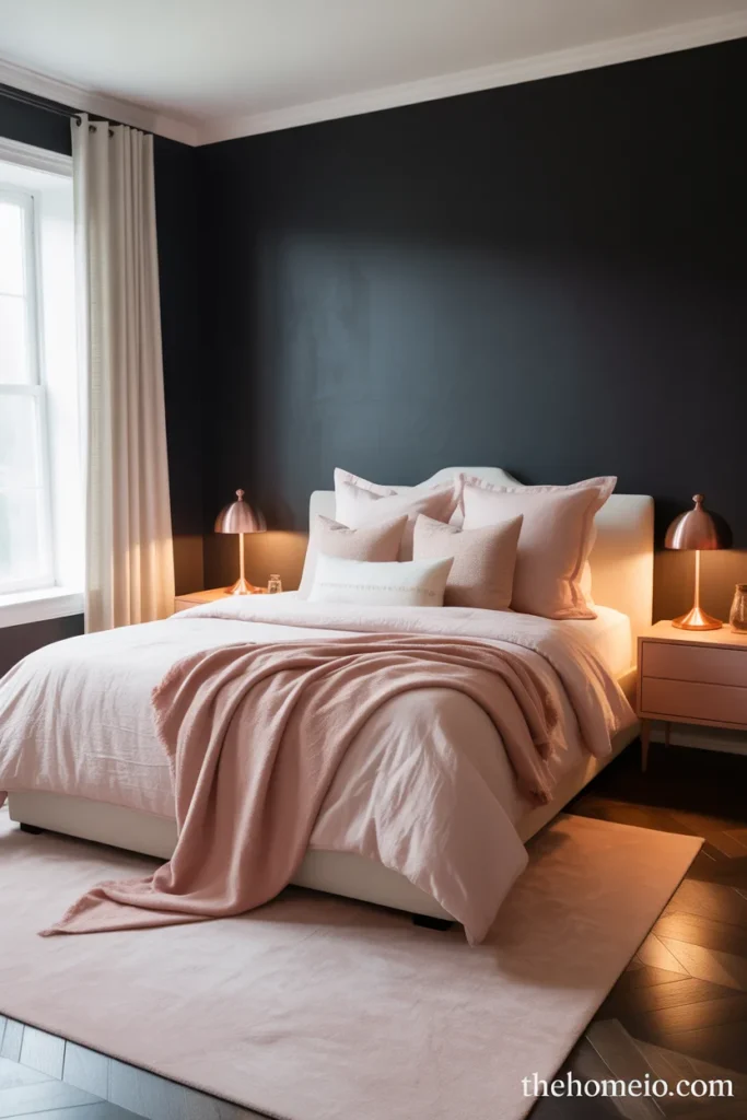 Black accent wall bedroom with soft blush linen bedding cream pillows rose gold lamps and blush area rug