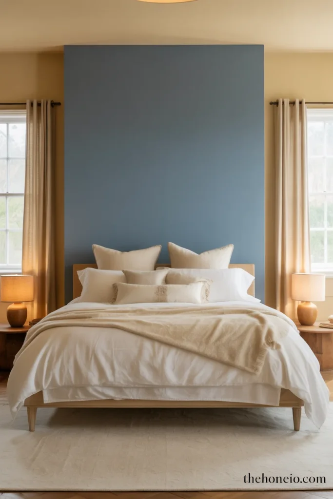 Timeless bedroom with medium blue accent wall cream walls cream bedding wood frame ceramic lamps and linen curtains