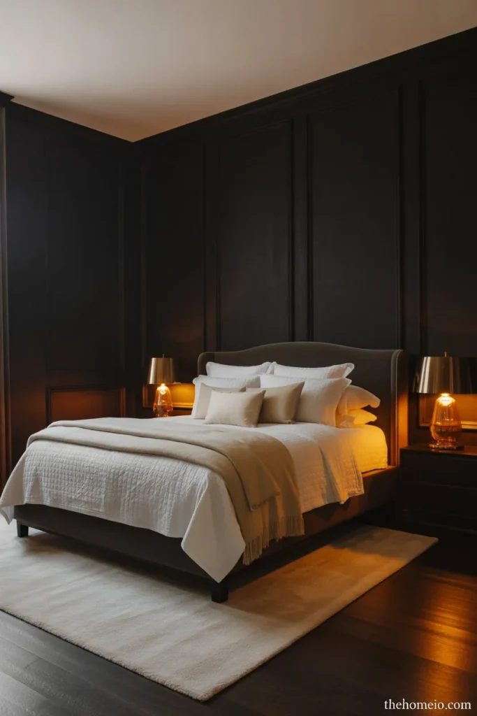 Luxurious dramatic bedroom with deep off-black walls white cream bedding upholstered bed and warm amber lamps