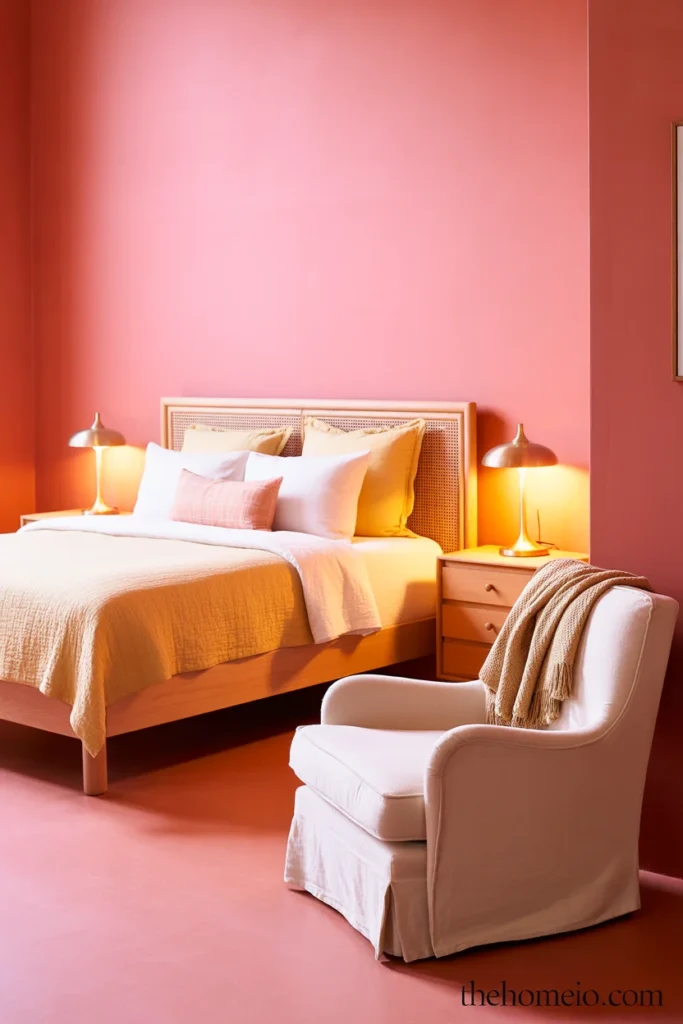 Warm bold bedroom with terracotta pink walls cream bedding natural wood frame and brass lamps in afternoon light