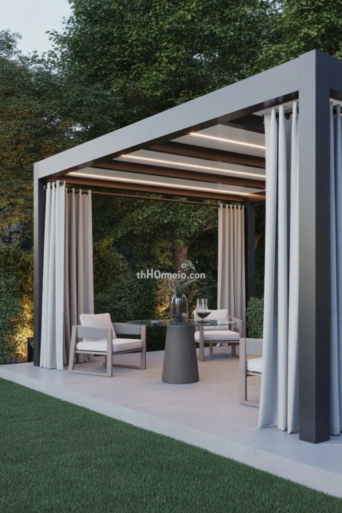 Modern pergola with ceiling-mounted curtain tracks, seamless curtain draping, contemporary outdoor furniture, soft warm lighting, clean and upscale backyard setup, realistic